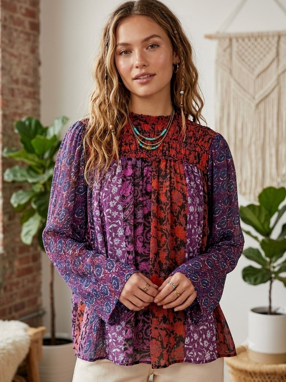 Free People Merrie Mix RARE Print Long Sleeve Oversized Tunic Size XS
